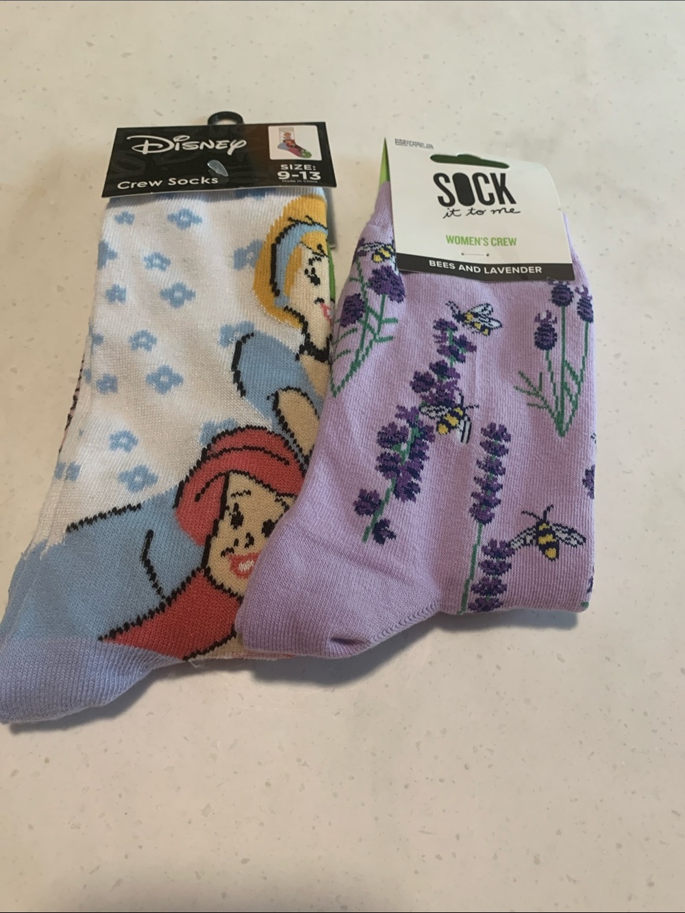 Socks NEW 2-Pair Bees & Lavender & Disney Princess Crew Socks shoe size 3.5-8.5